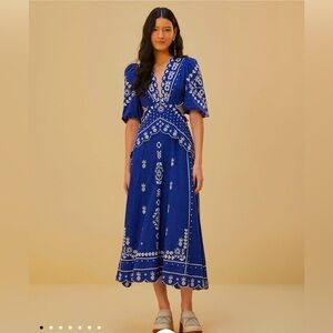 Farm Rio Navy Embroidered Cut-Out Midi Dress